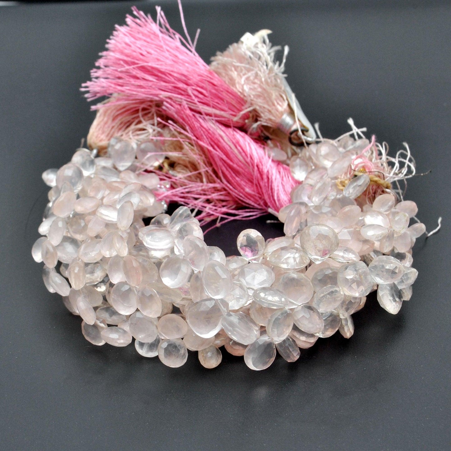 Natural rose quartz heart beads strand side profile