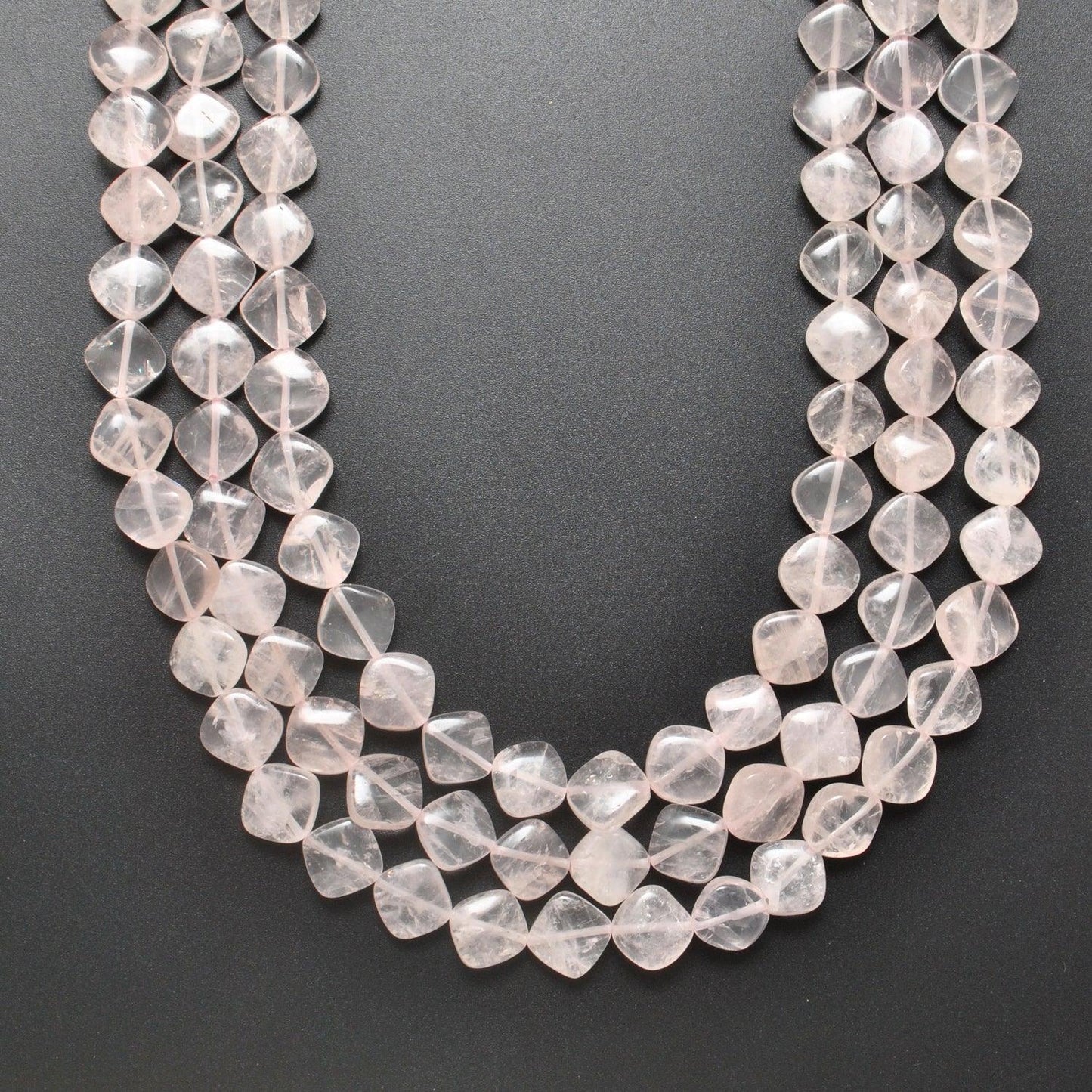 Natural rose quartz plain cushion beads 17 inch strand - front view