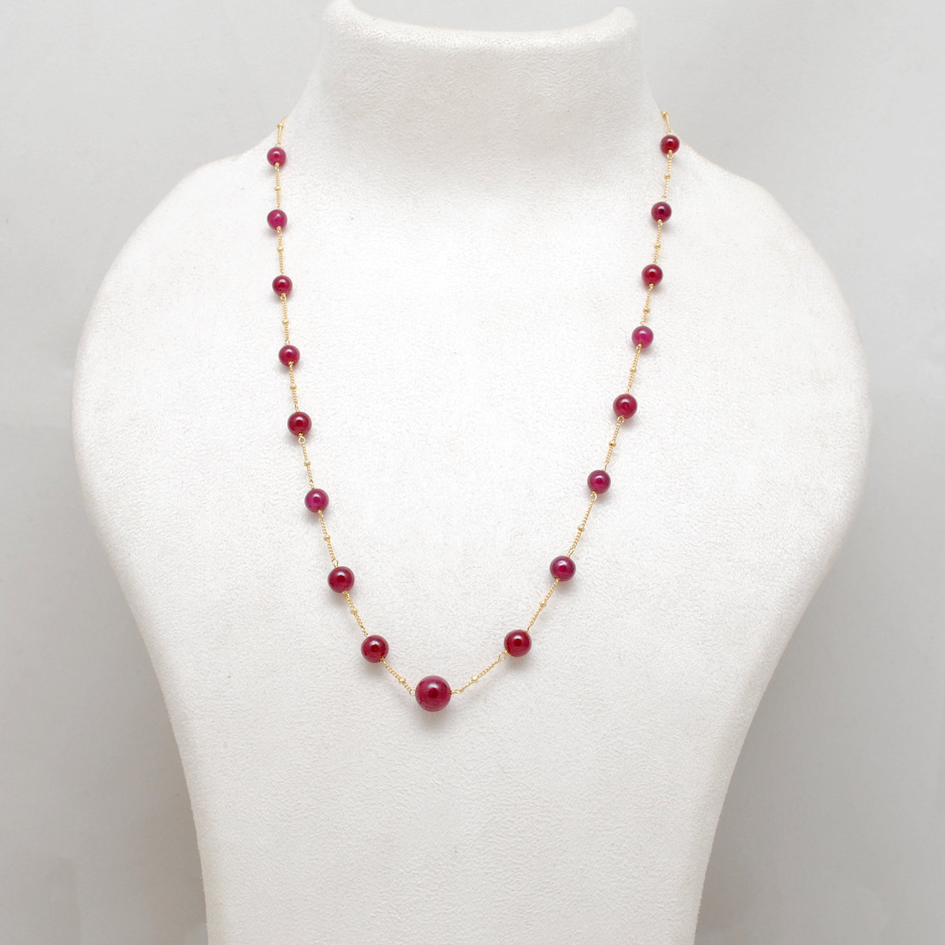 Natural Ruby Ball Bead Gold-Plated Necklace - Front View Handmade