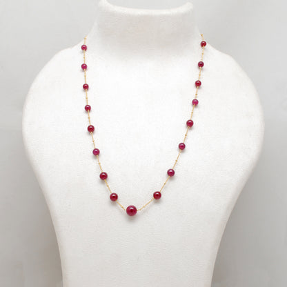 Natural Ruby Ball Bead Gold-Plated Necklace - Front View Handmade