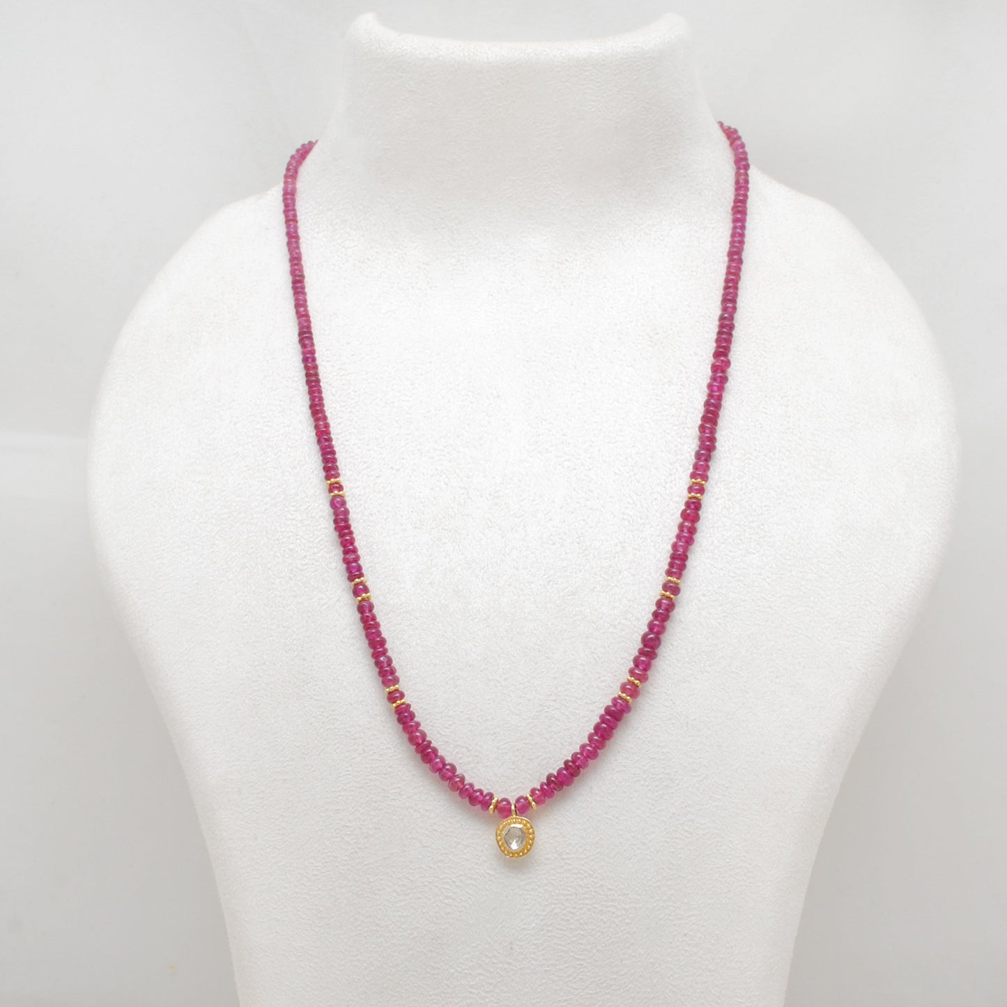 Natural Ruby Beaded Necklace with Rose Cut Diamond Pendant - Front View