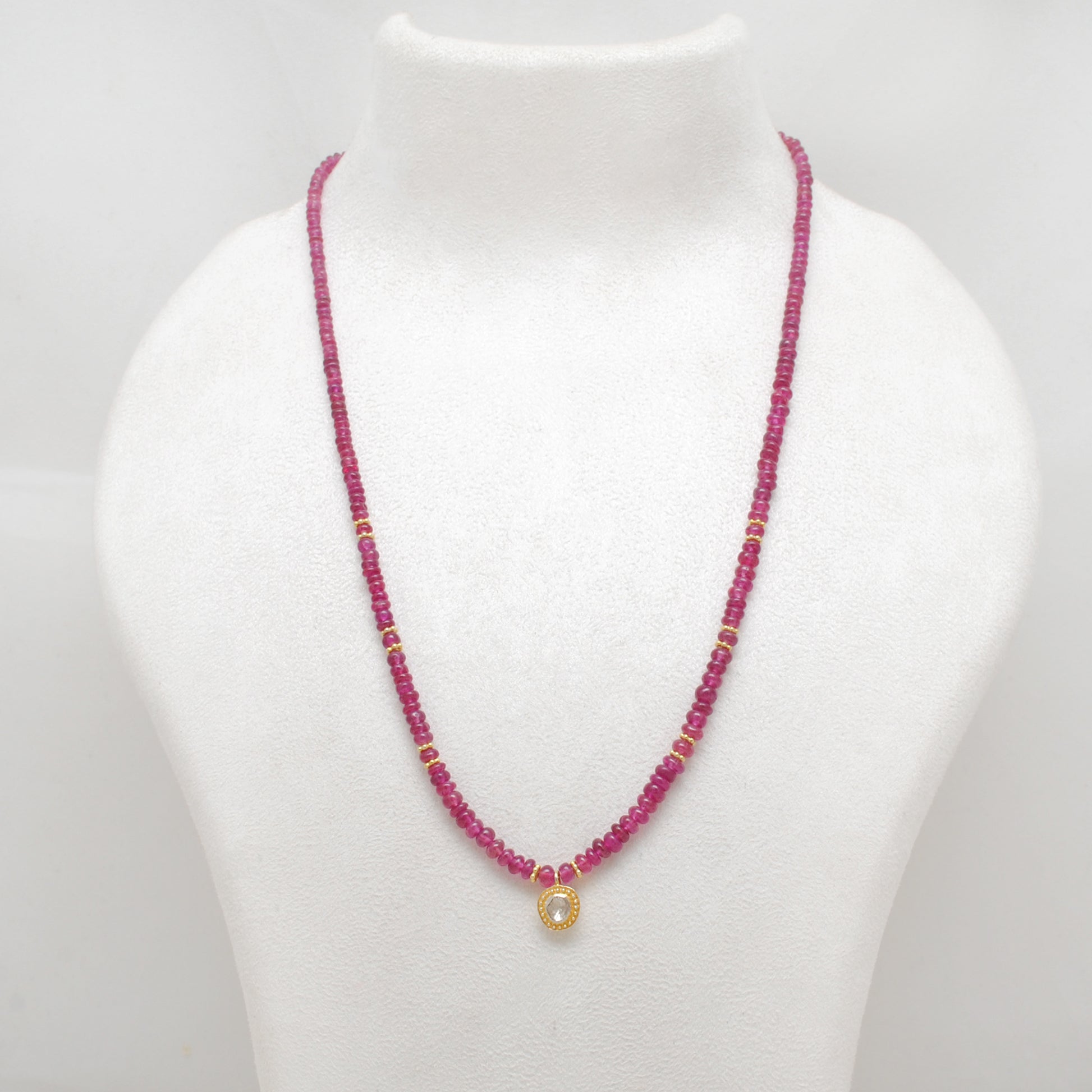Natural Ruby Beaded Necklace with Rose Cut Diamond Pendant - Front View