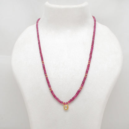 Natural Ruby Beaded Necklace with Rose Cut Diamond Pendant - Front View