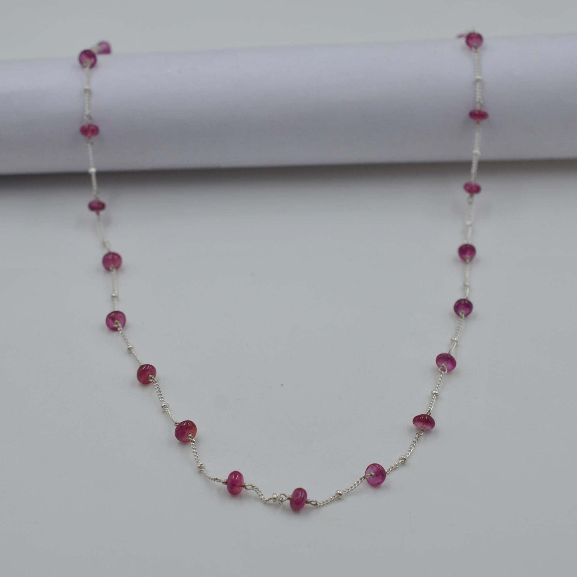 Natural Ruby Beaded Sterling Silver Chain Necklace - Front View Handmade