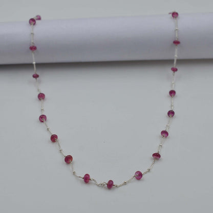 Natural Ruby Beaded Sterling Silver Chain Necklace - Front View Handmade
