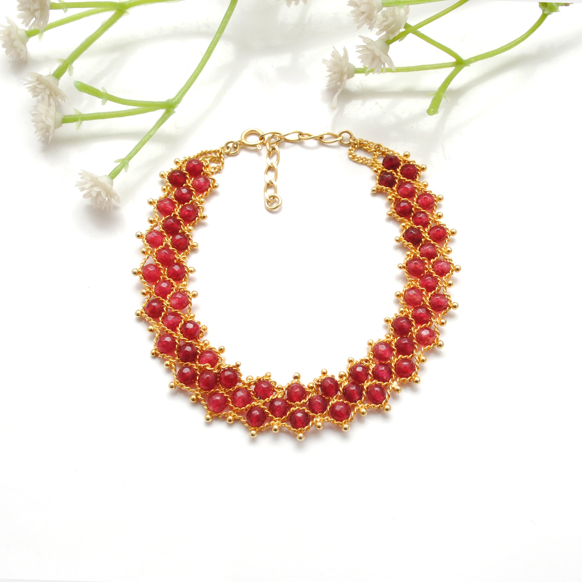Natural Ruby Beaded Victorian Gold-Plated Bracelet - Front View Handmade