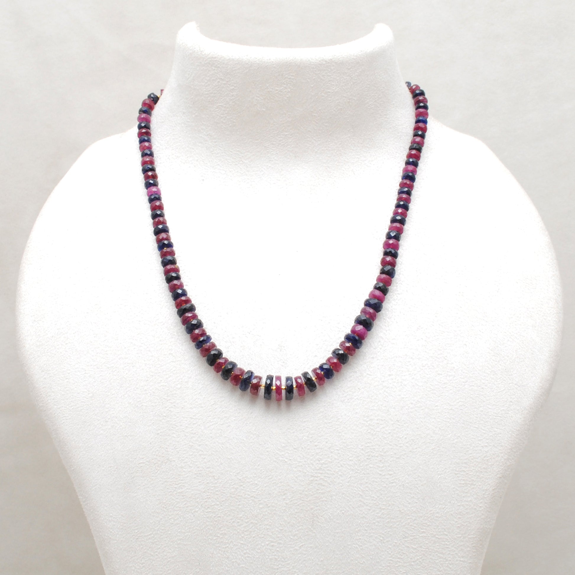 Natural Ruby Blue Sapphire Beaded Necklace - Front View Gemstone Jewelry