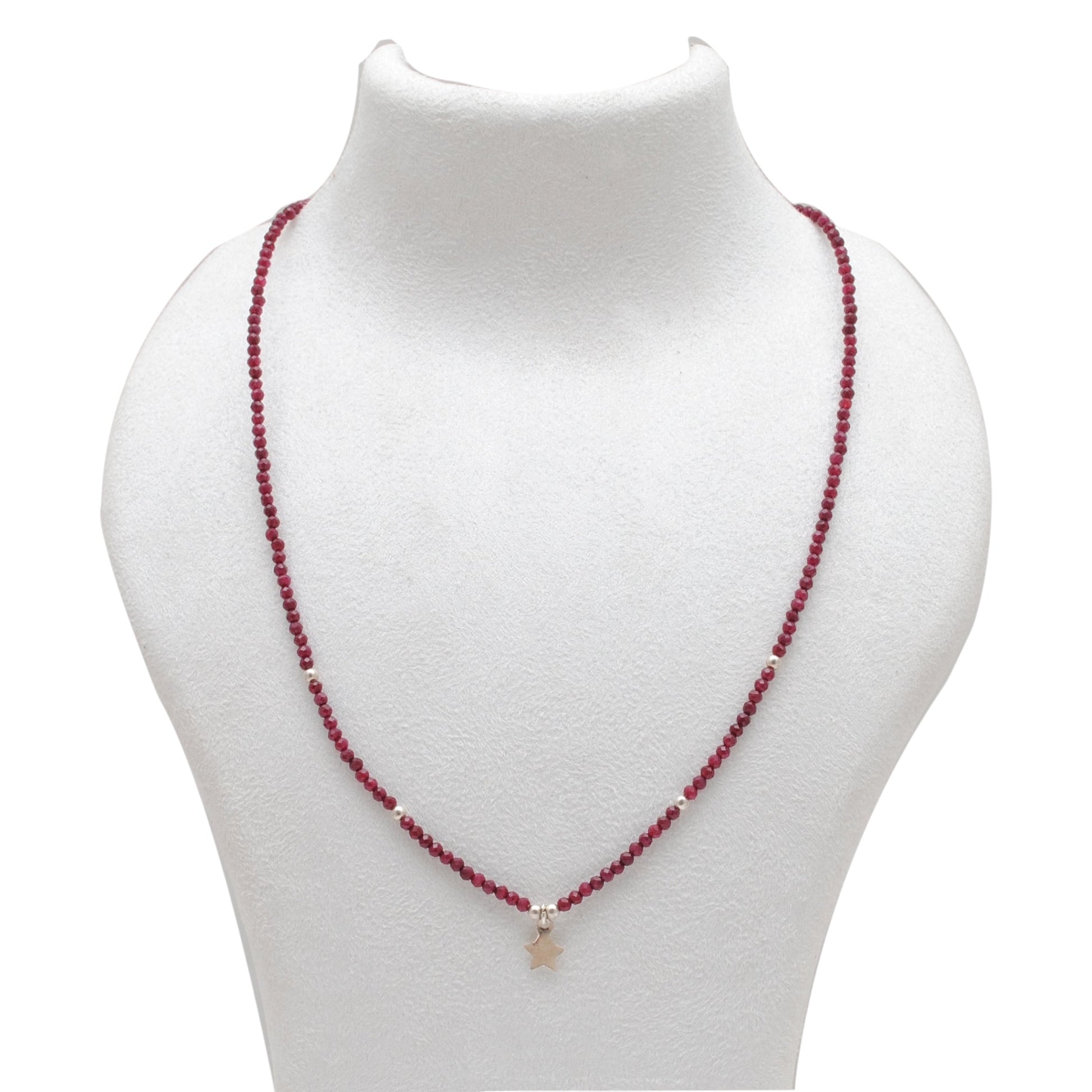 Natural Ruby Delicate Beaded Silver Chain Necklace - Front View