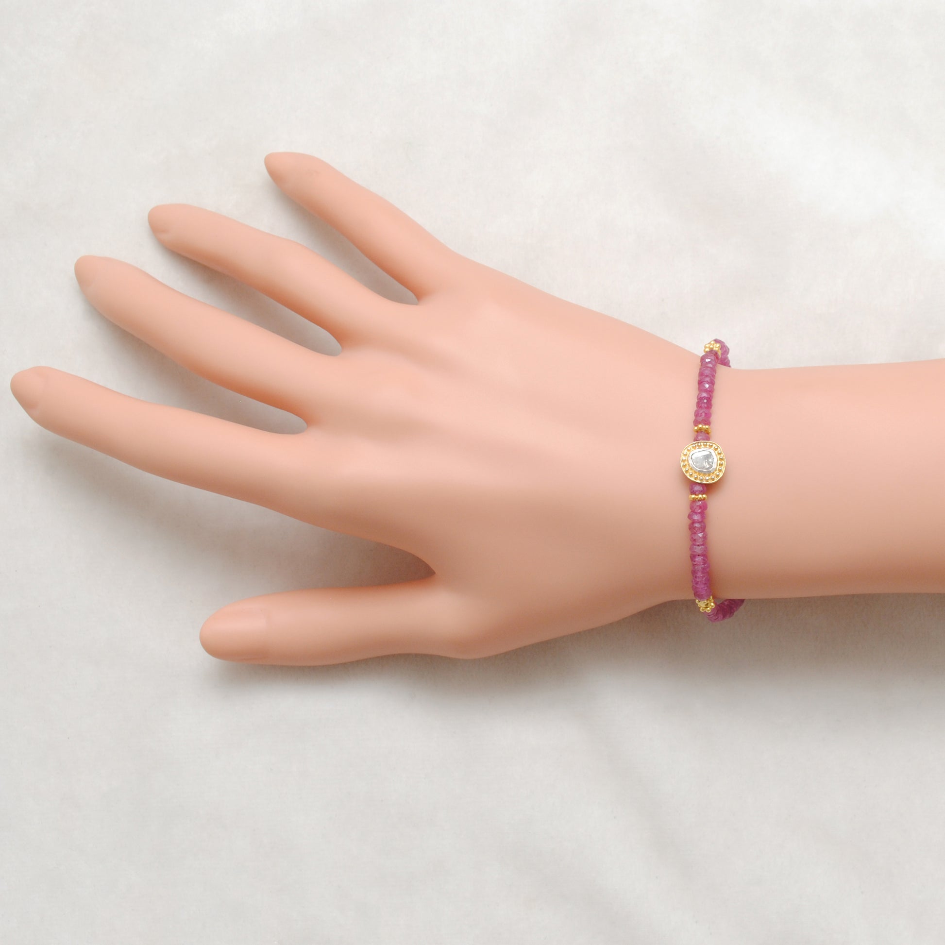 Natural Ruby Diamond Beaded Bracelet - Front View Handmade