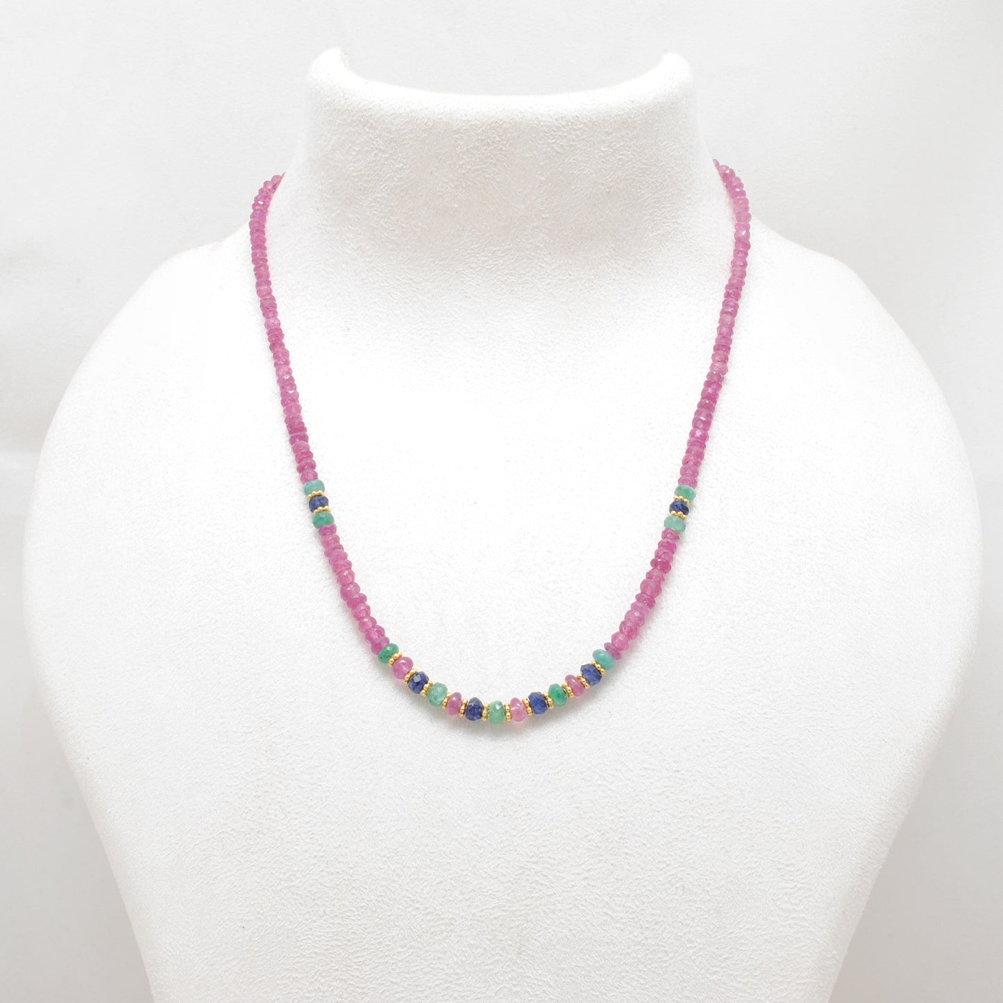 Natural Ruby Emerald Blue Sapphire Gold-Plated Beaded Necklace - Front View