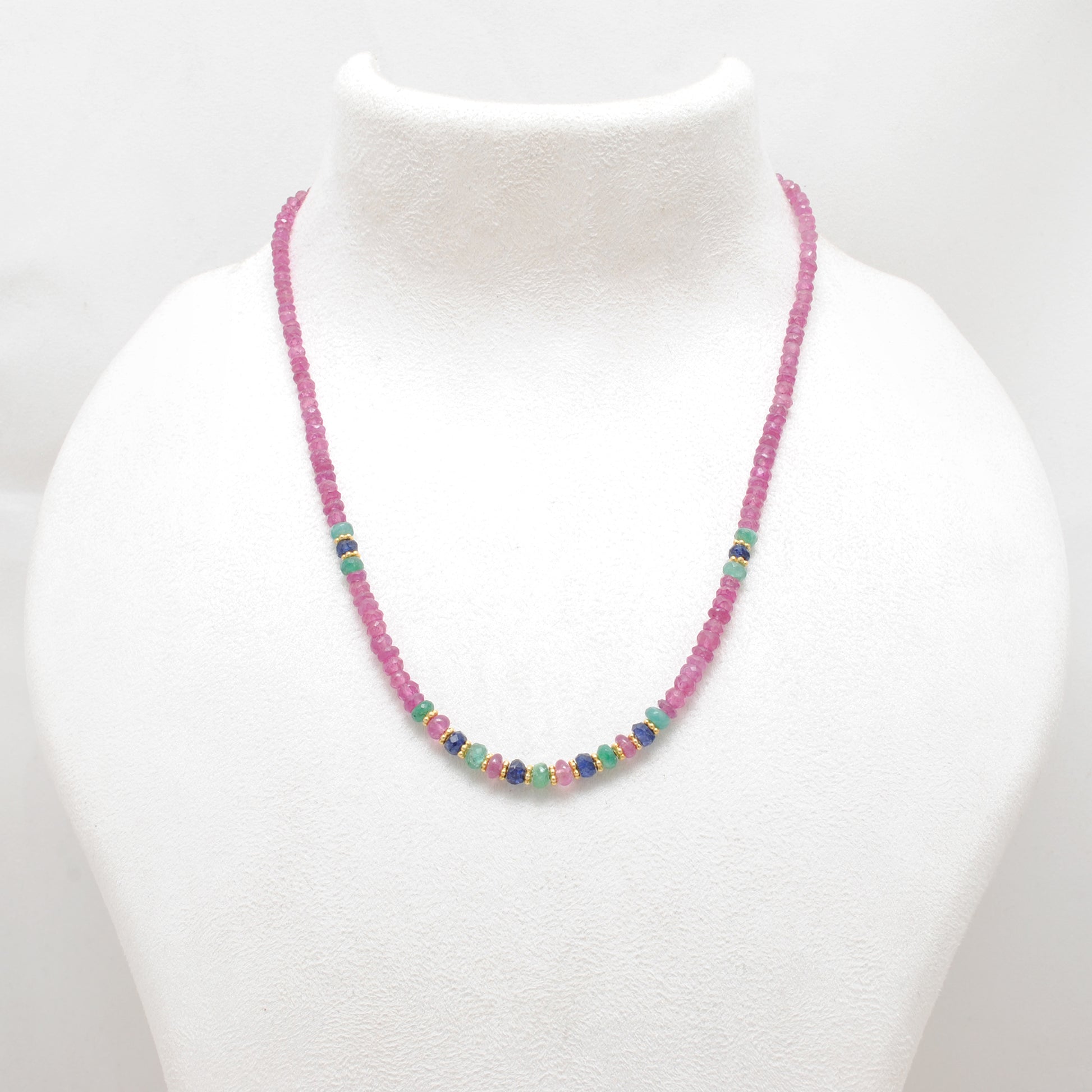 Natural Ruby Emerald Blue Sapphire Gold-Plated Beaded Necklace - Front View