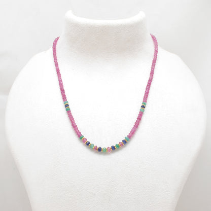 Natural Ruby Emerald Blue Sapphire Gold-Plated Beaded Necklace - Front View