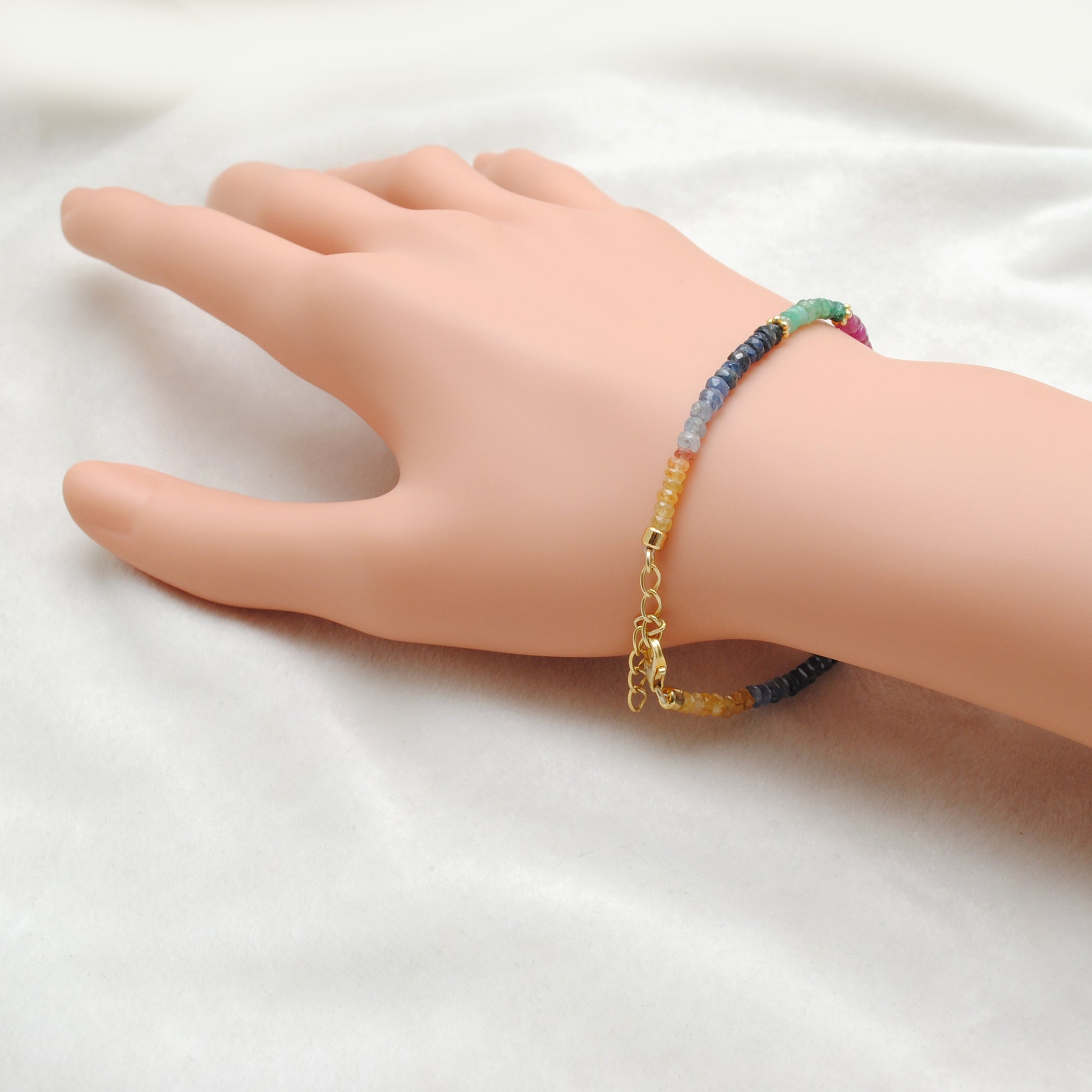 Natural Ruby Emerald Blue Sapphire Multi-Gemstone Beaded Bracelet - Front View