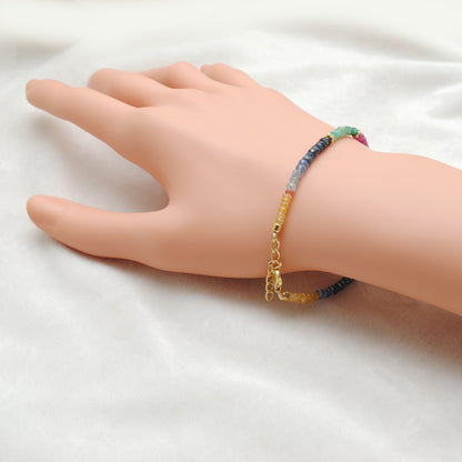 Natural Ruby Emerald Blue Sapphire Multi-Gemstone Beaded Bracelet - Front View