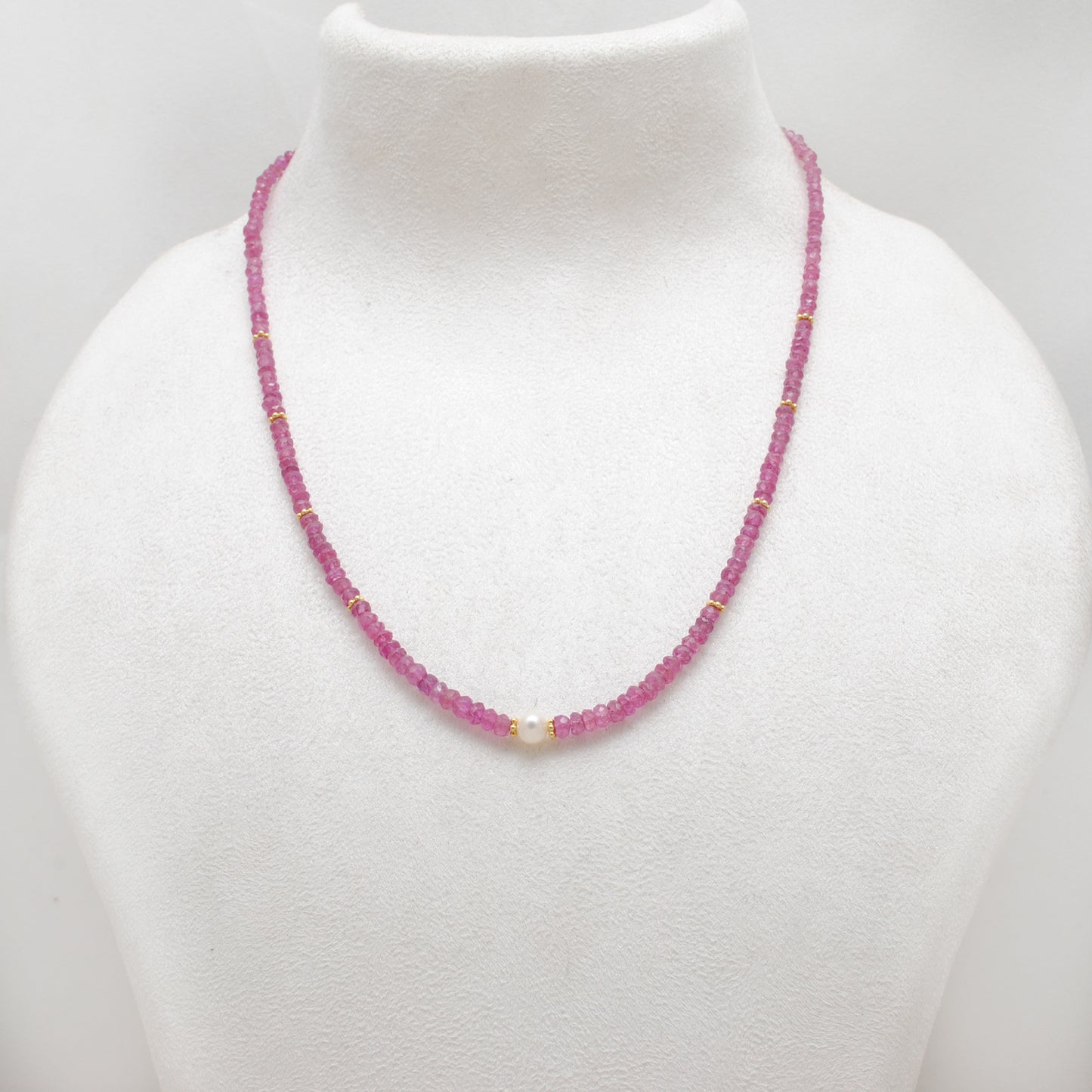 Natural Ruby Faceted Beaded Necklace with Pearl - Front View Handmade