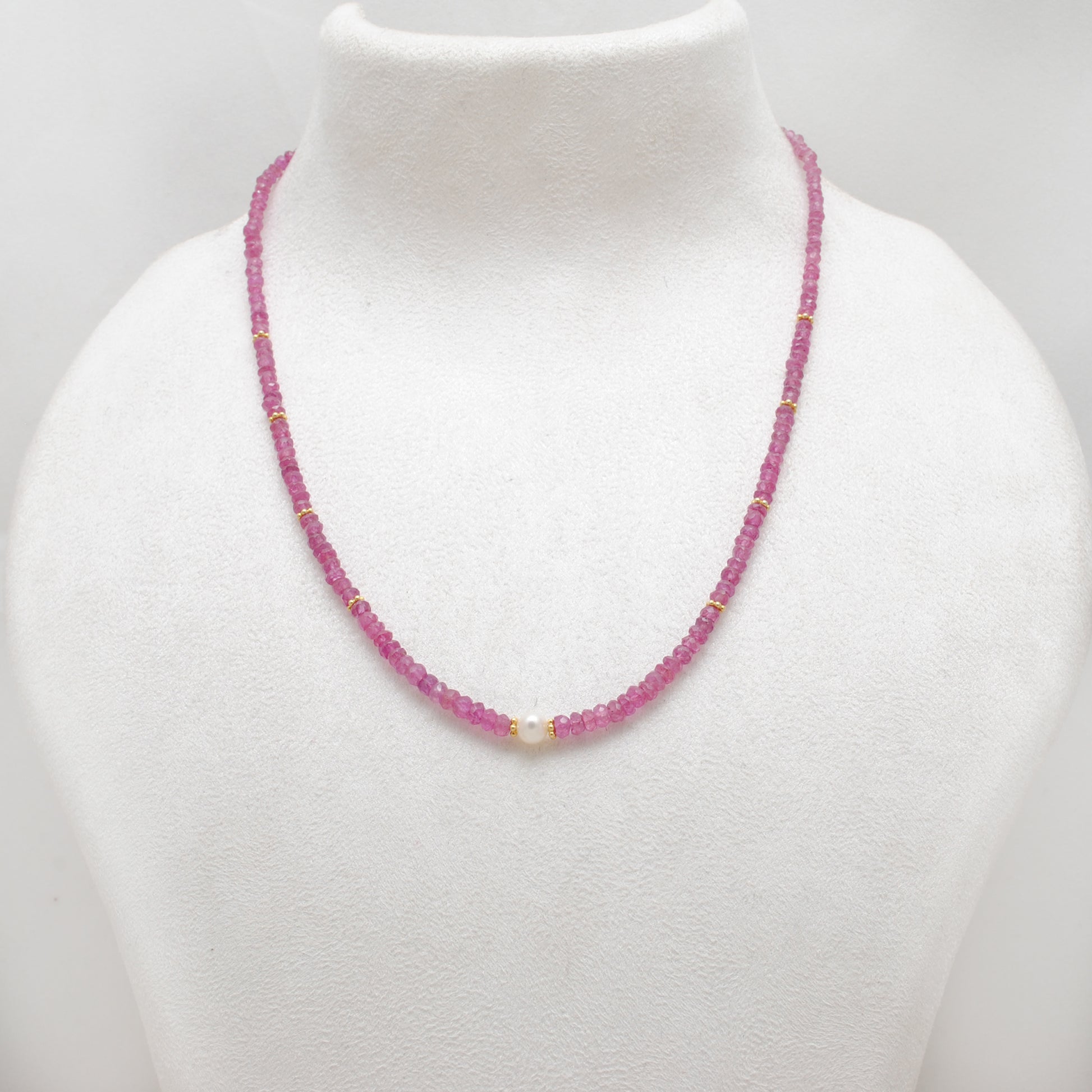Natural Ruby Faceted Beaded Necklace with Pearl - Front View Handmade