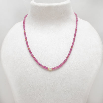 Natural Ruby Faceted Beaded Necklace with Pearl - Front View Handmade