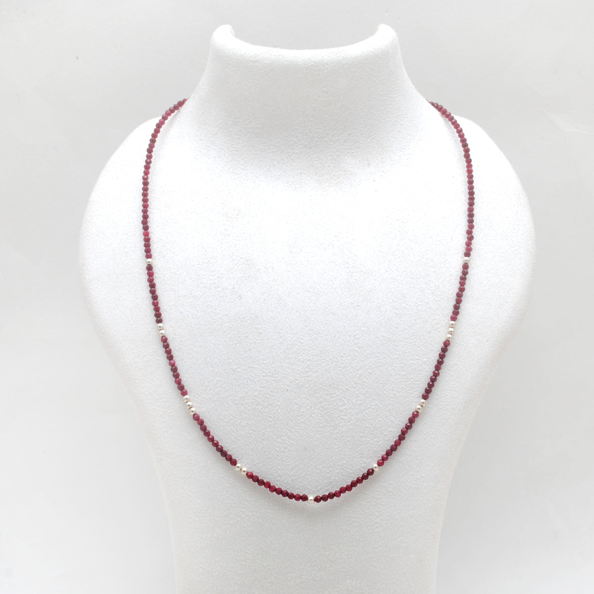 Natural Ruby Faceted Rondelle Beaded Necklace - Front View Handmade