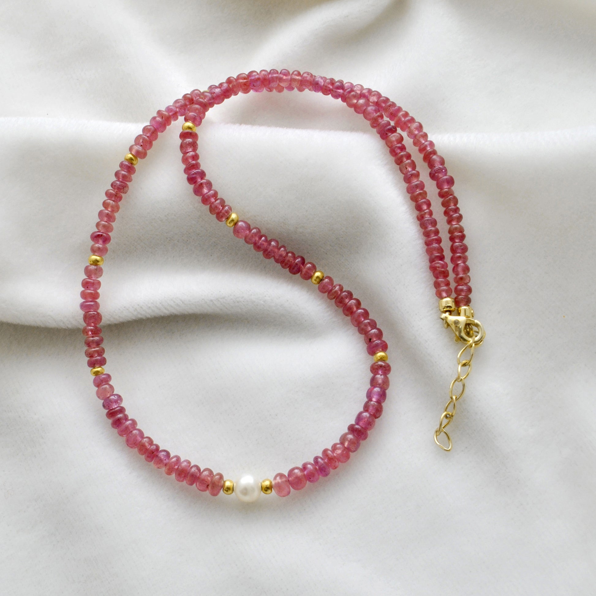 Natural Ruby Freshwater Pearl Gold Necklace - Clasp and Extension Detail