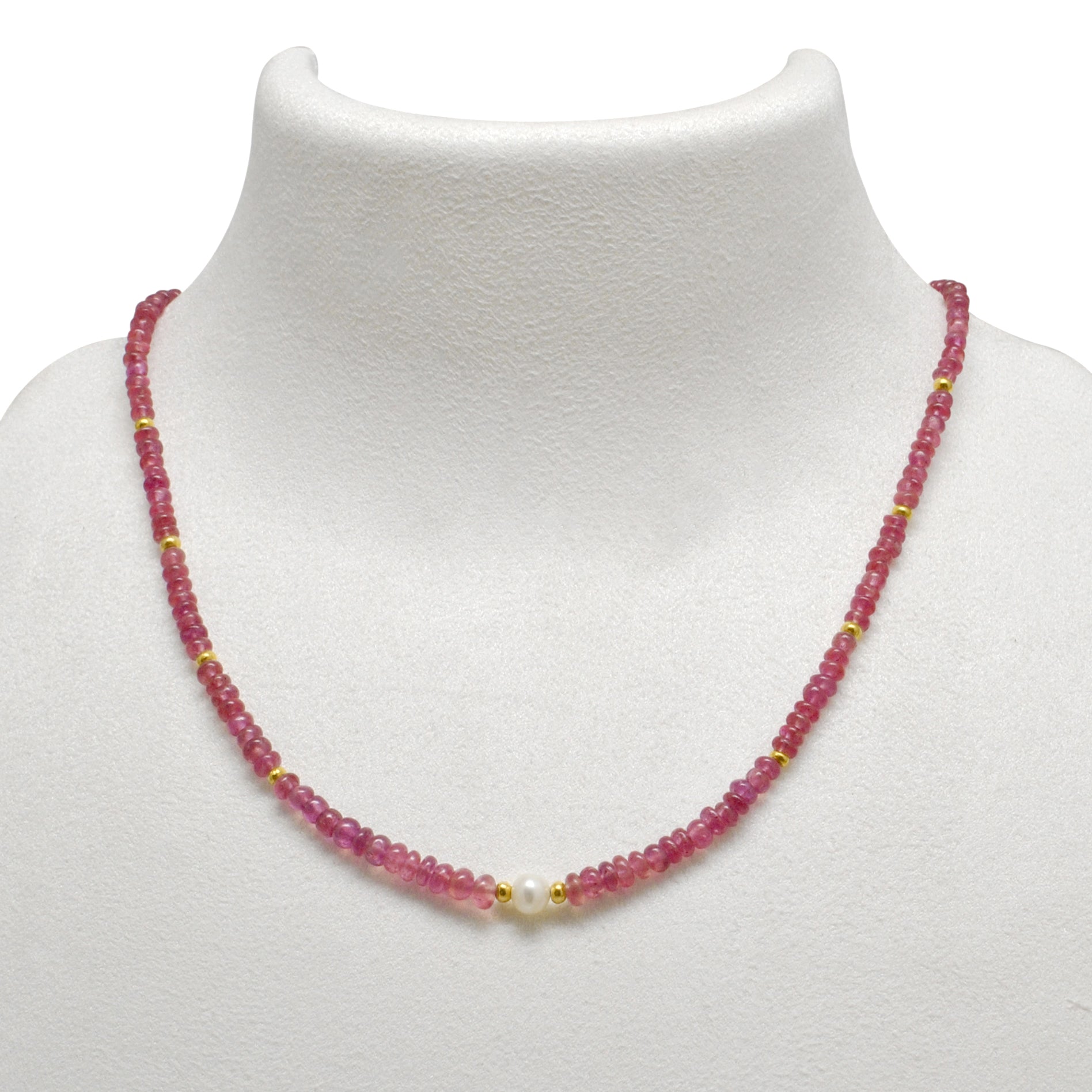 Natural Ruby Freshwater Pearl Gold-Plated Beaded Necklace - Front View