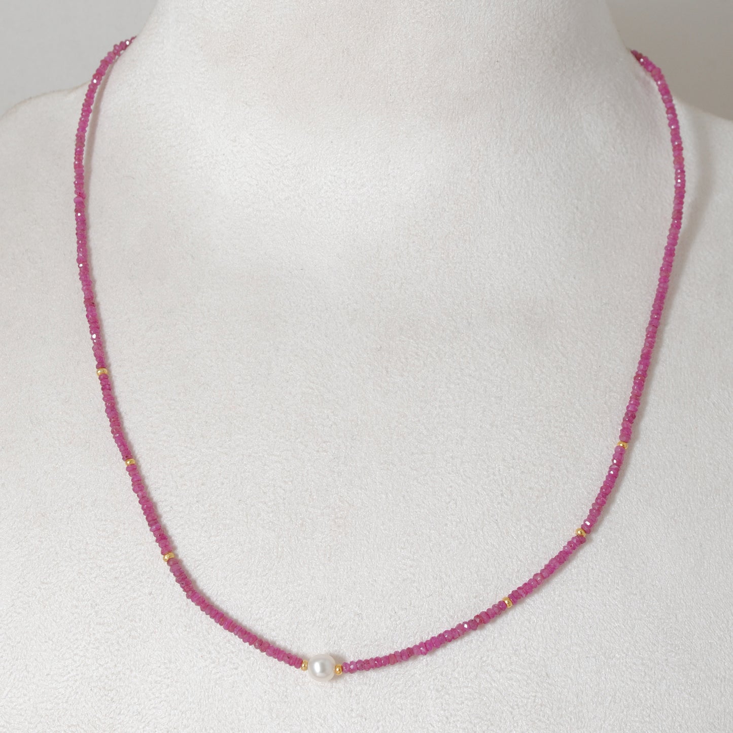 Natural Ruby Pearl Beaded Necklace - Front View Handmade Gemstone Jewelry