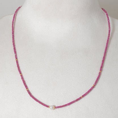 Natural Ruby Pearl Beaded Necklace - Front View Handmade Gemstone Jewelry