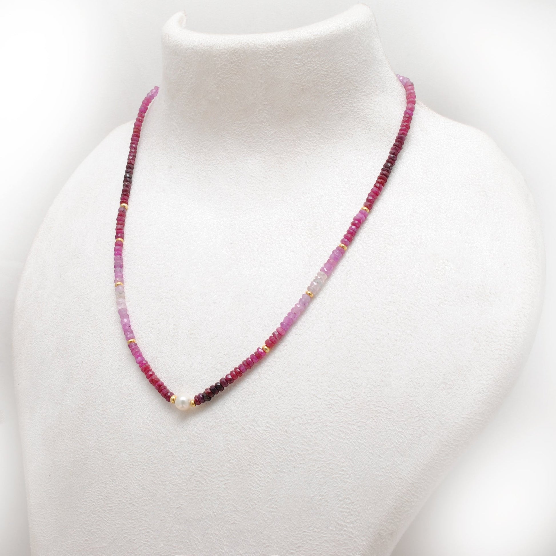 Natural Ruby Pearl Faceted Strand Necklace - Worn Neck View