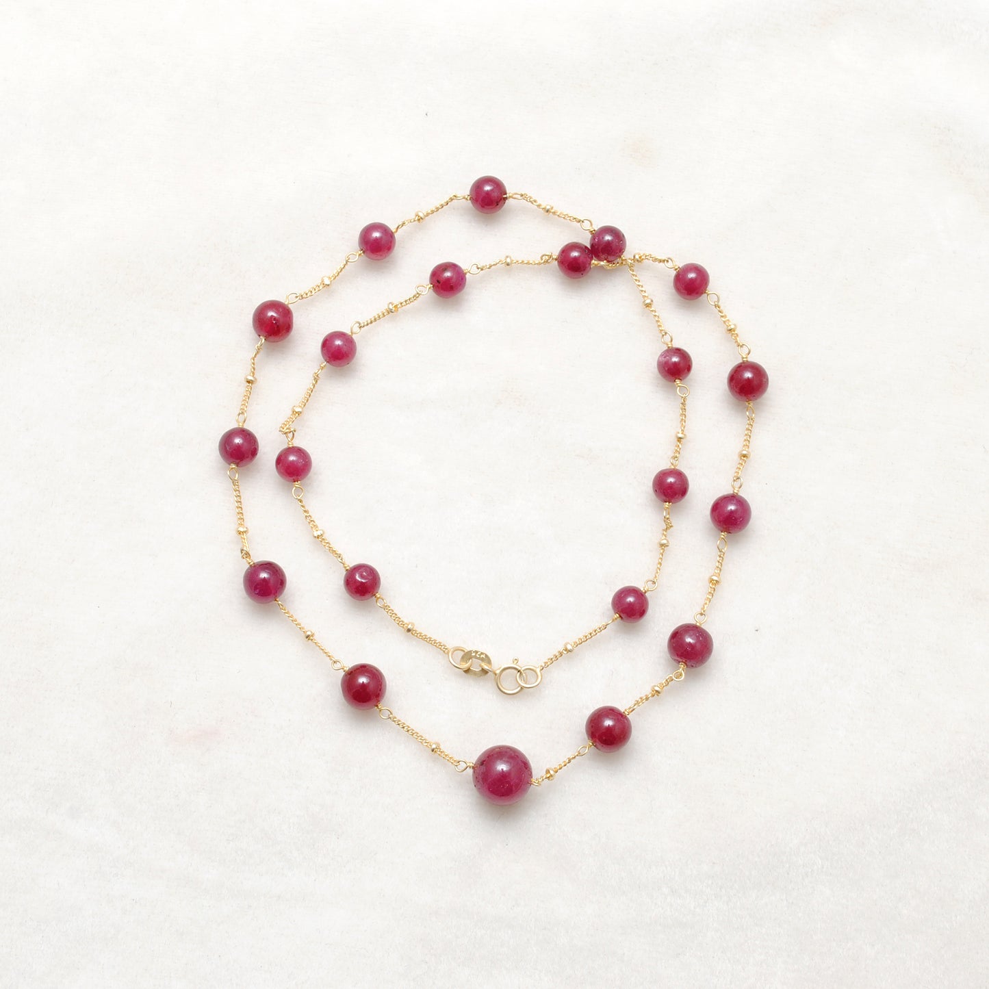 Natural Ruby Round Bead Gold Necklace - Styled Worn Neck View