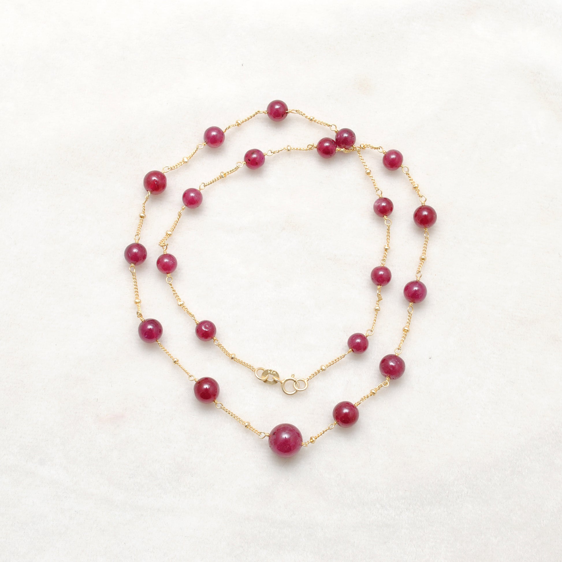 Natural Ruby Round Bead Gold Necklace - Styled Worn Neck View
