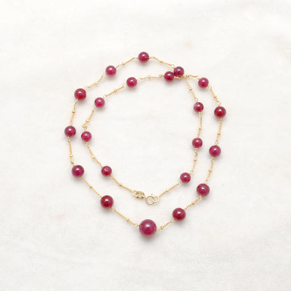 Natural Ruby Round Bead Gold Necklace - Styled Worn Neck View