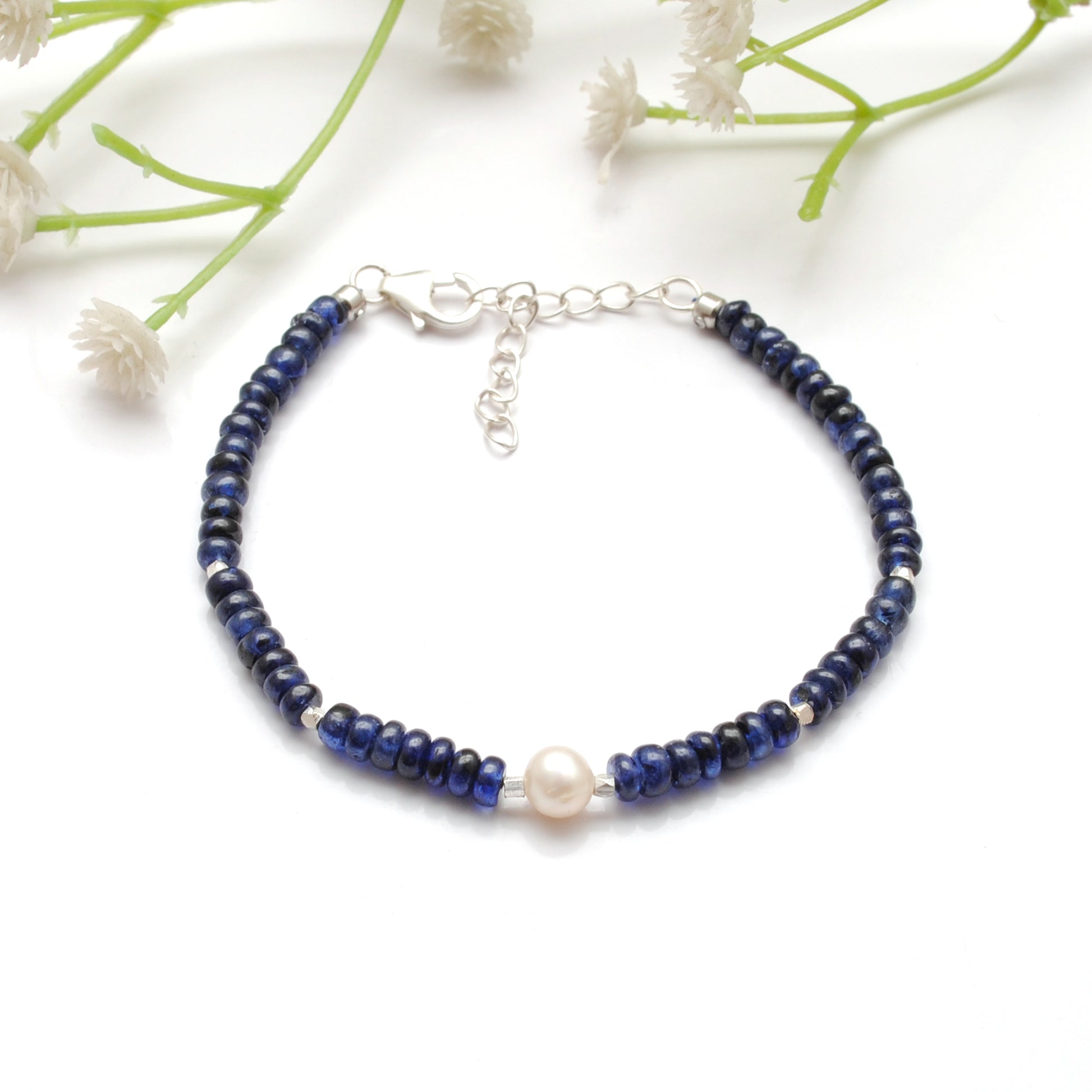 Natural Sapphire Pearl Bracelet September Birthstone - Side Profile
