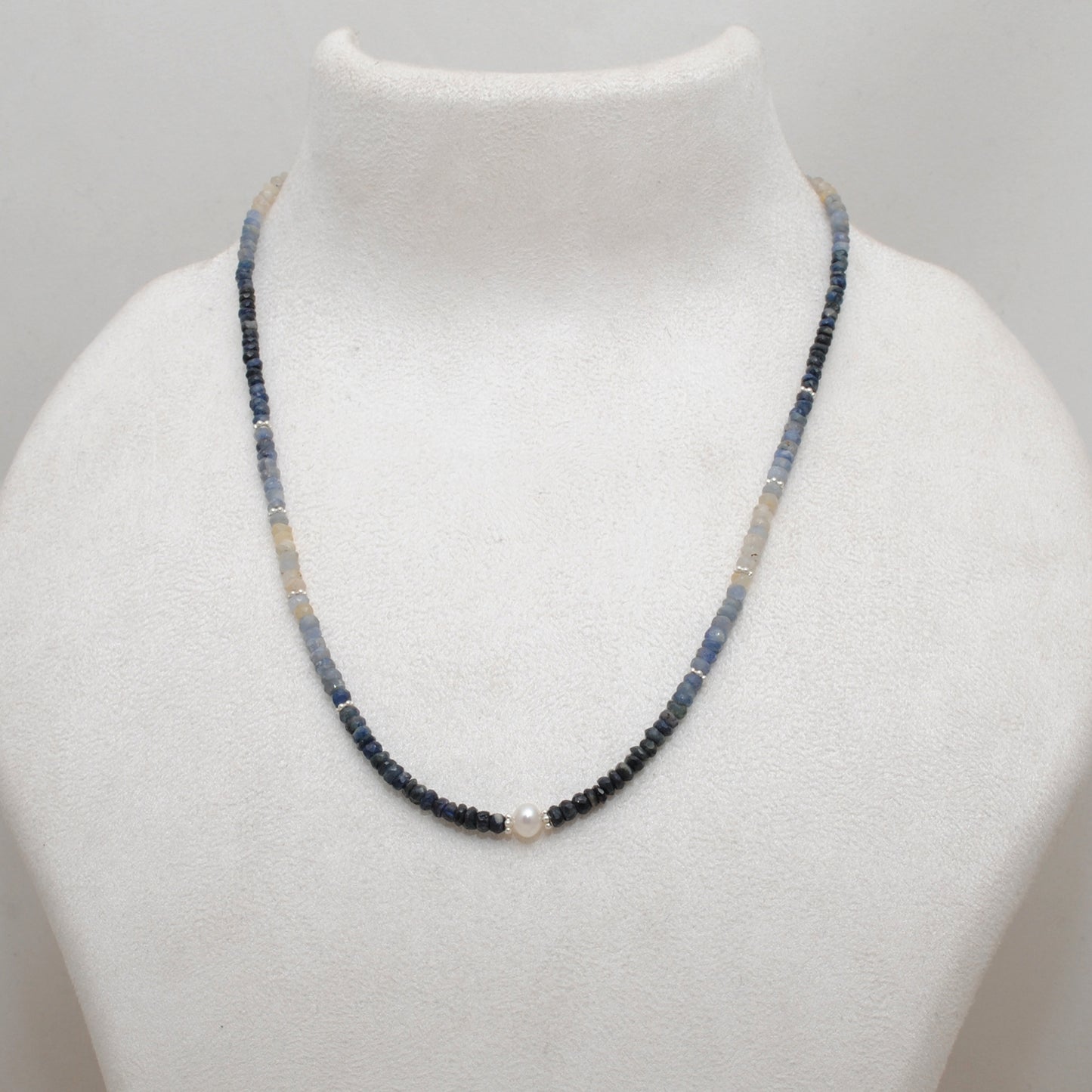 Natural Shaded Blue Sapphire Pearl Faceted Beaded Necklace - Front View
