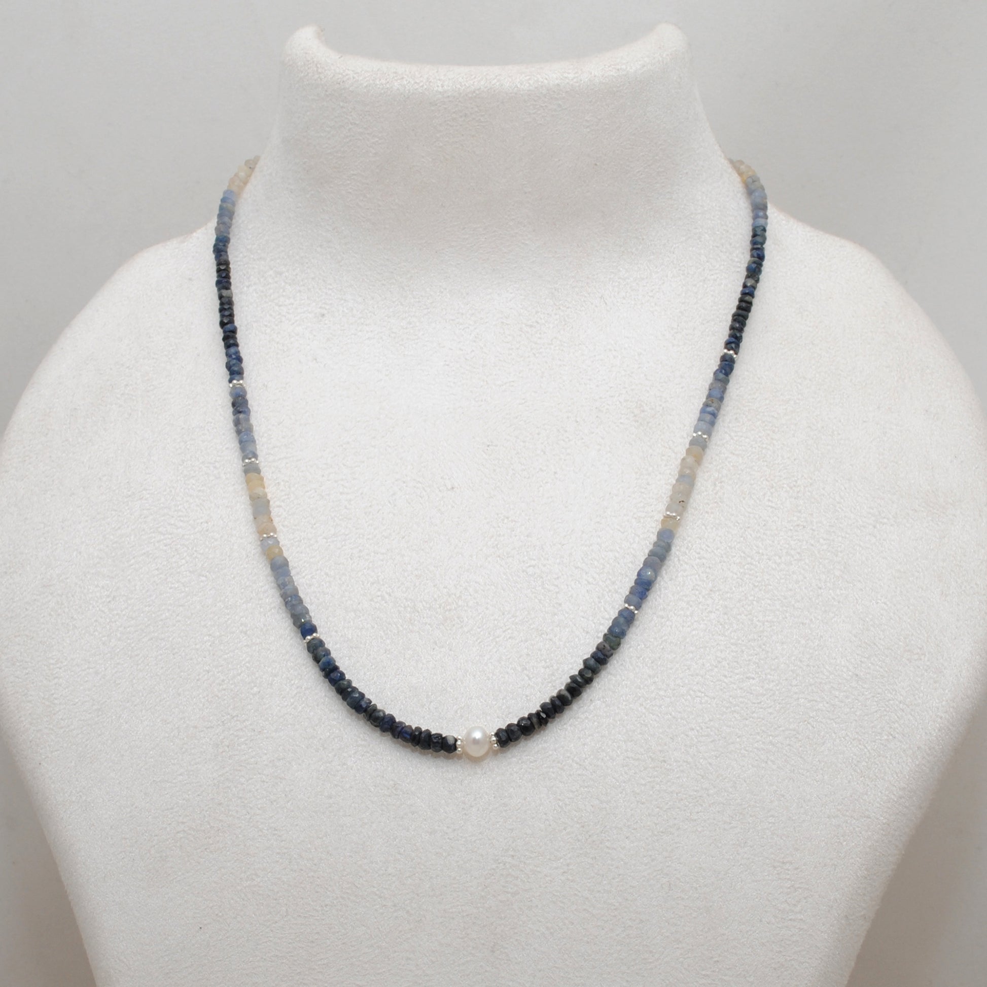 Natural Shaded Blue Sapphire Pearl Faceted Beaded Necklace - Front View