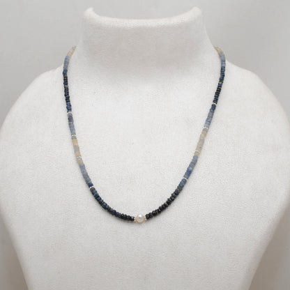 Natural Shaded Blue Sapphire Pearl Faceted Beaded Necklace - Front View