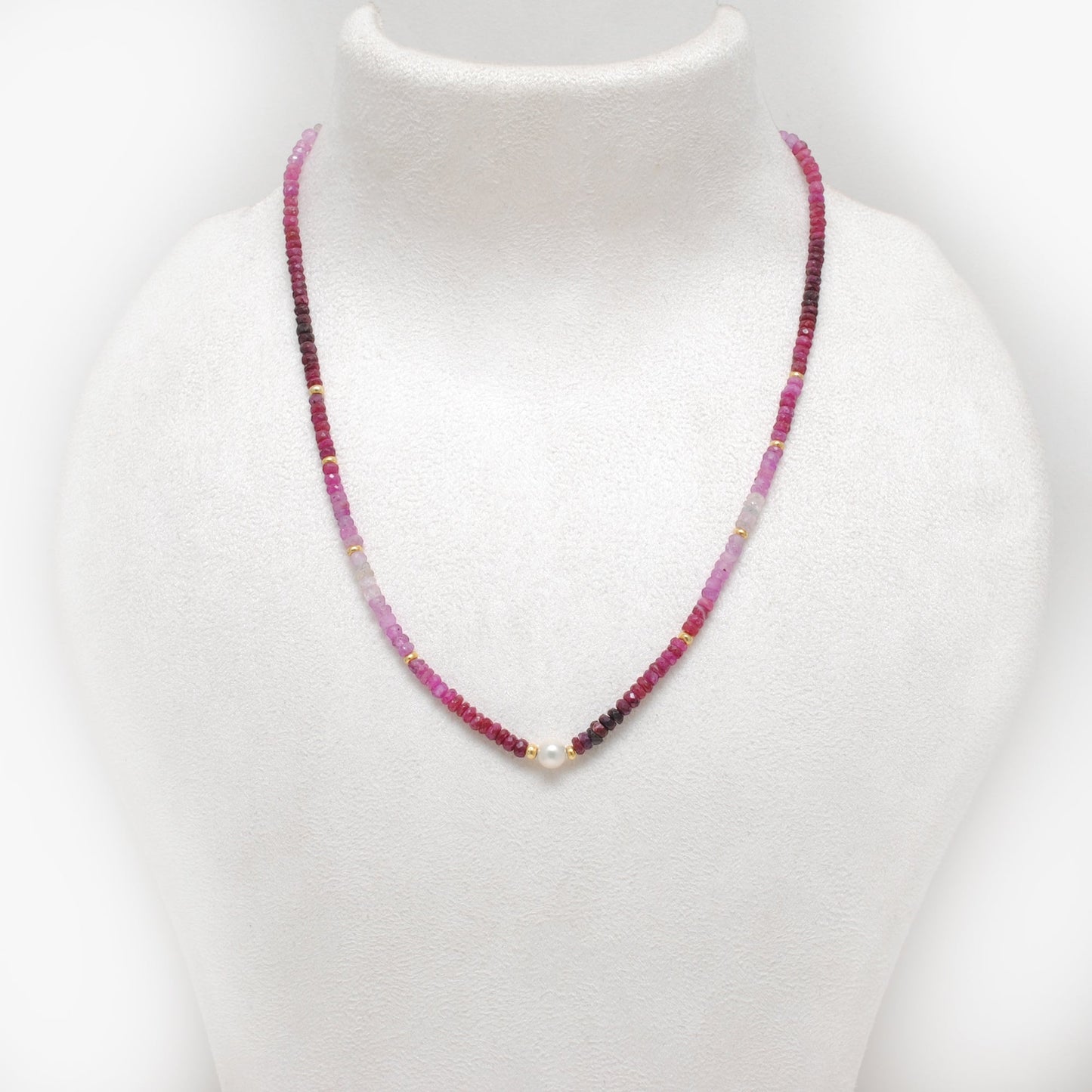 Natural Shaded Ruby Rondelle Faceted Beaded Necklace with Pearl - Front View