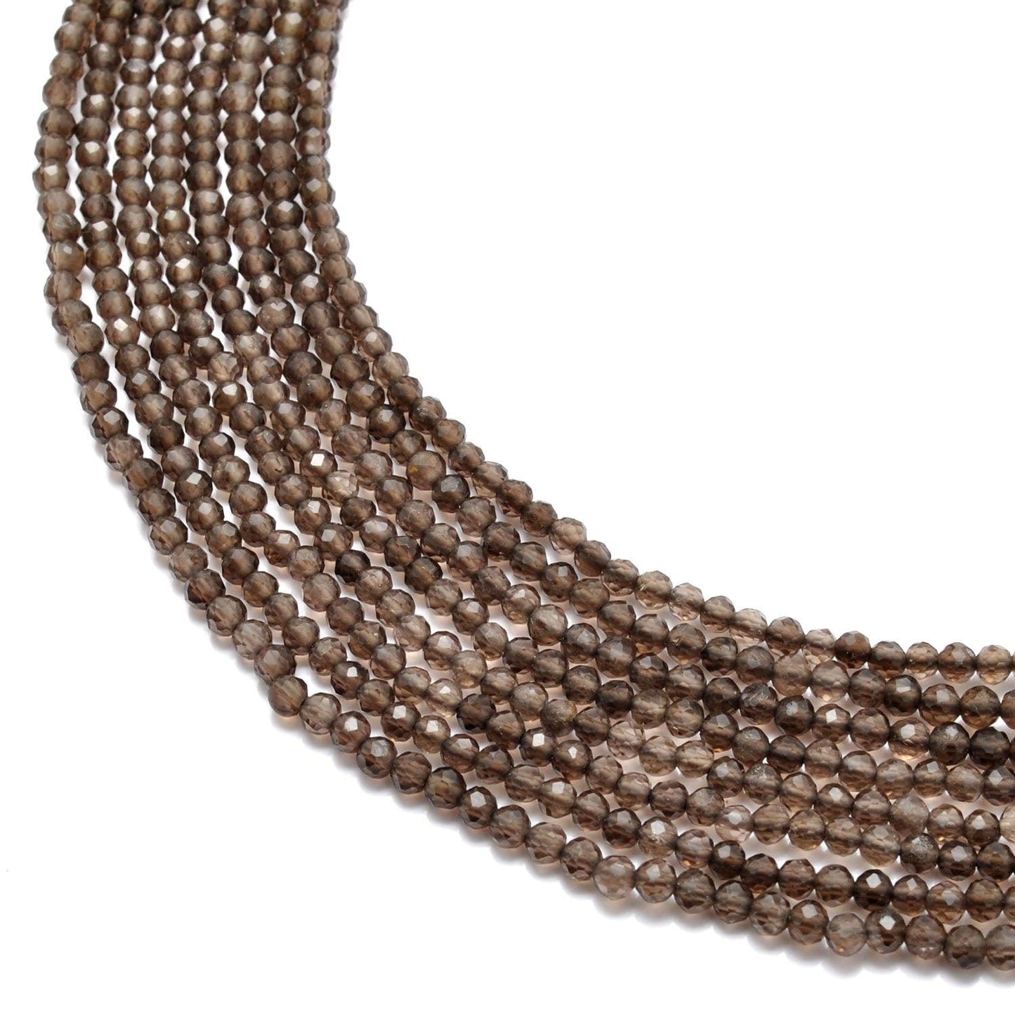 Natural smokey quartz faceted round beads 12.5 inch strand - front view