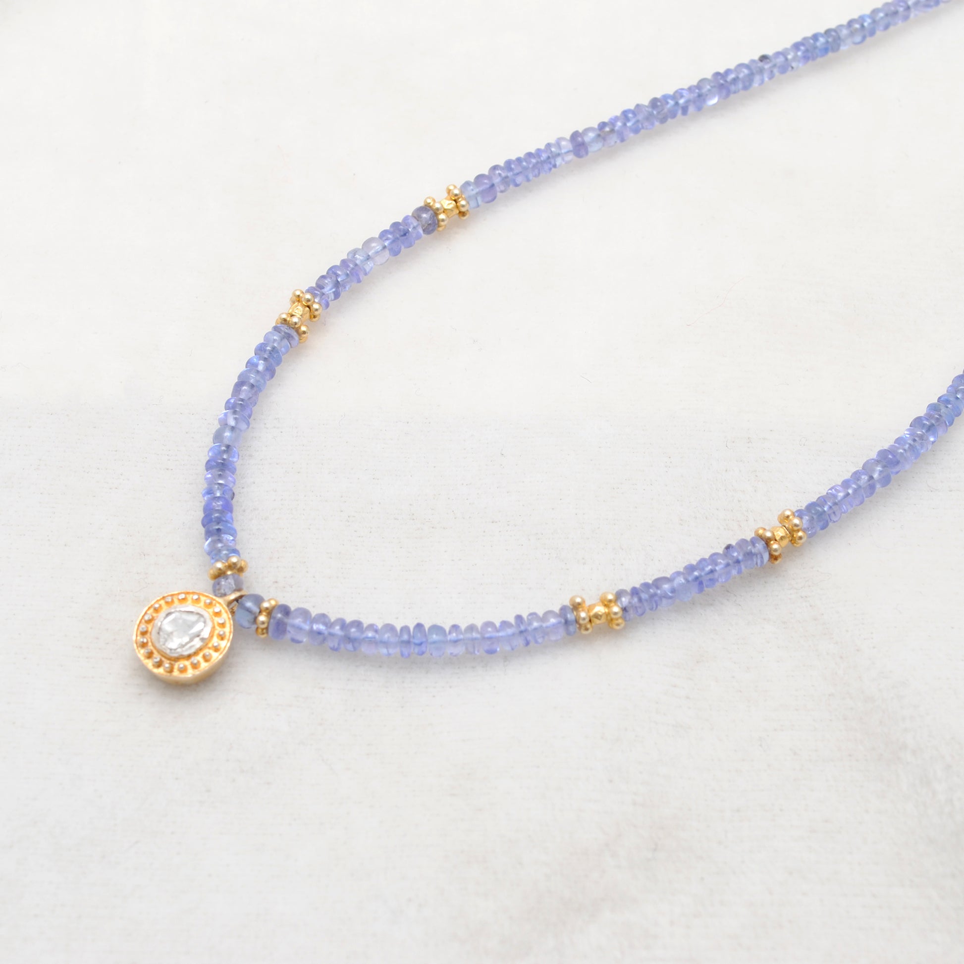 Natural Tanzanite Beaded Necklace with Rose Cut Diamond Pendant - Front View