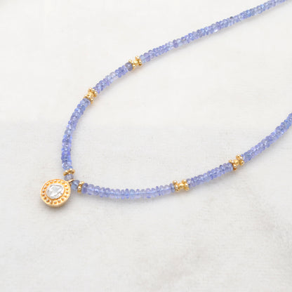 Natural Tanzanite Beaded Necklace with Rose Cut Diamond Pendant - Front View