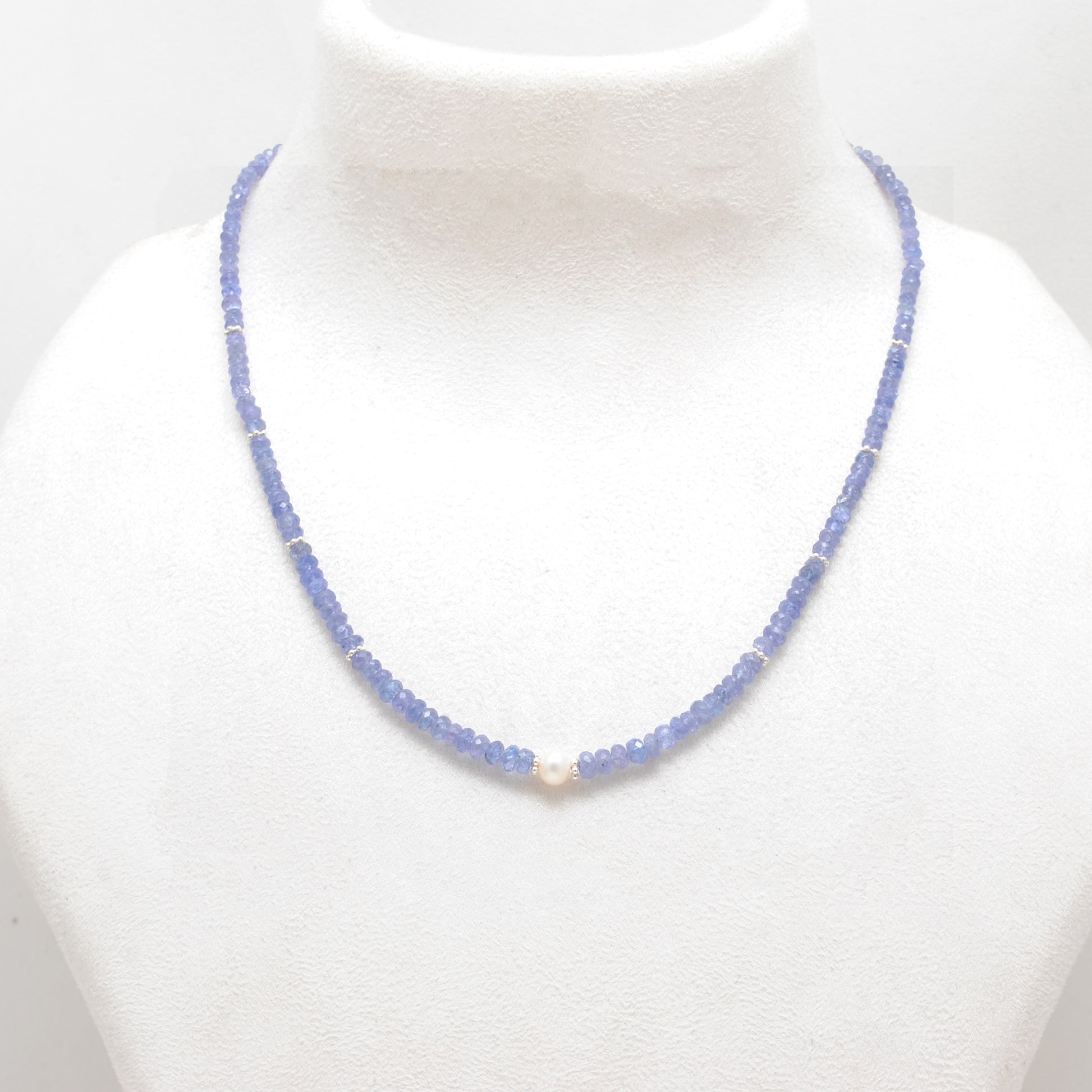 Natural Tanzanite Freshwater Pearl Beaded Necklace - Front View Handmade