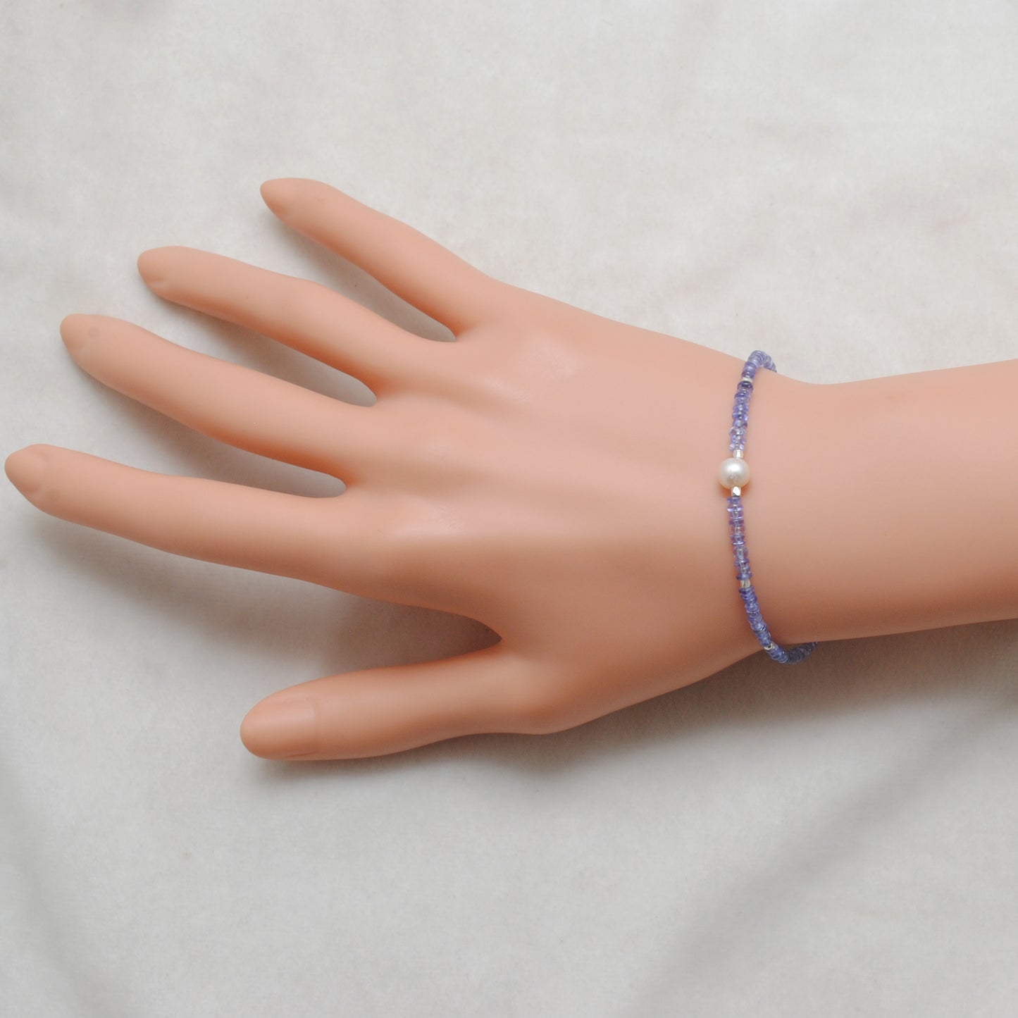 Natural Tanzanite Pearl Beaded Bracelet - Front View Handmade