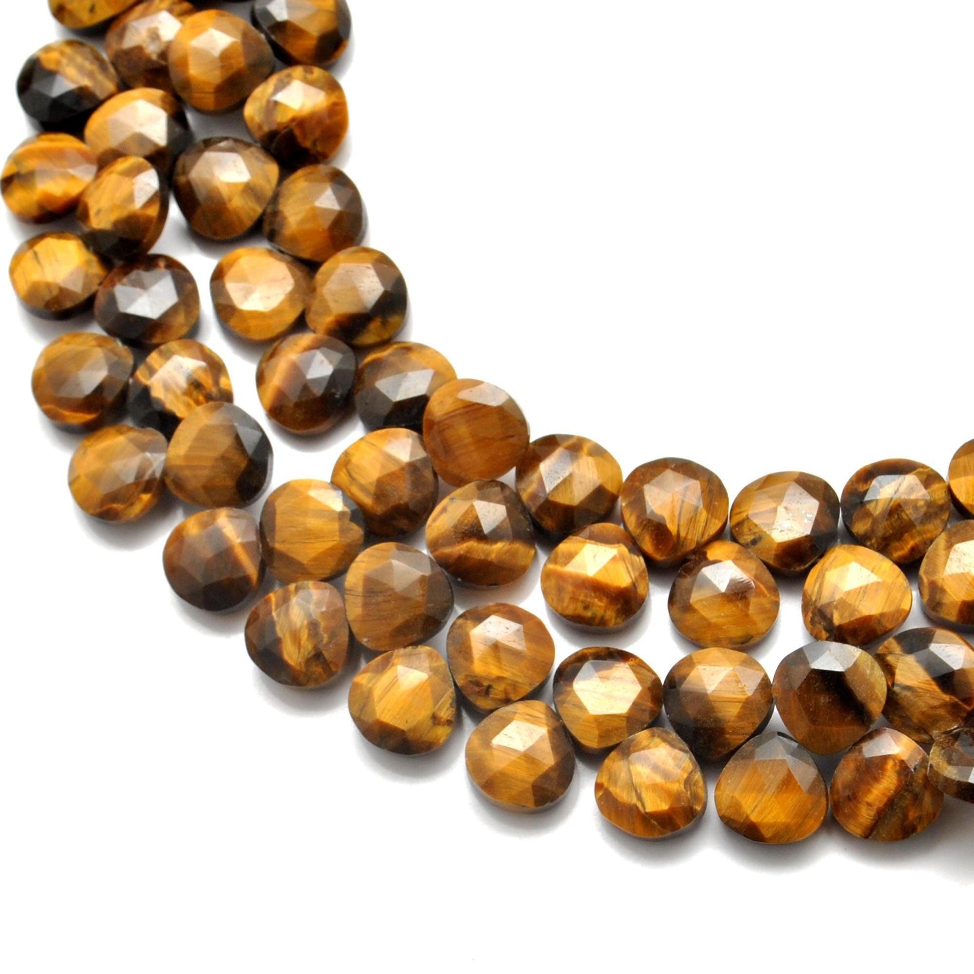 Natural tiger eye faceted heart beads 10 inch strand - front view
