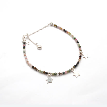 Natural Tourmaline 2mm Charm Bracelet - Lifestyle Stacking View