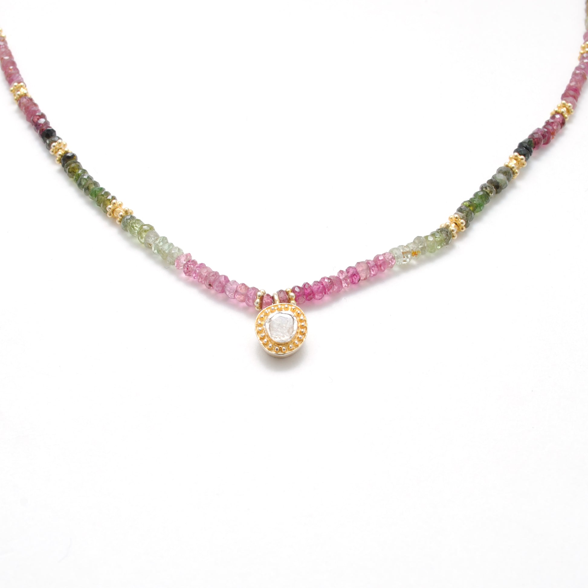 Natural Tourmaline Strand Necklace with Rose Cut Diamond - Overhead View