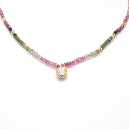 Natural Tourmaline Strand Necklace with Rose Cut Diamond - Overhead View