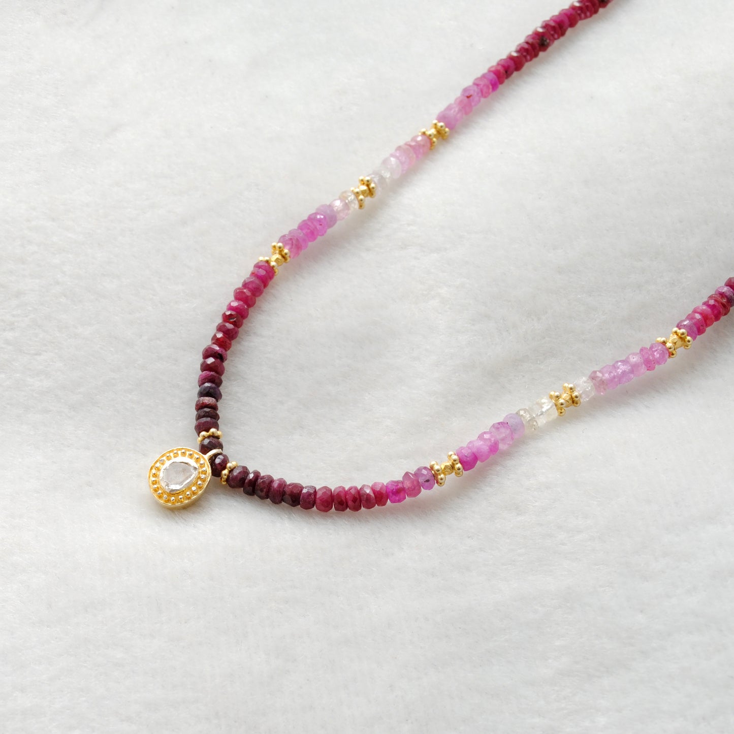 Ombre Ruby Beaded Necklace - Worn Styled Neck View