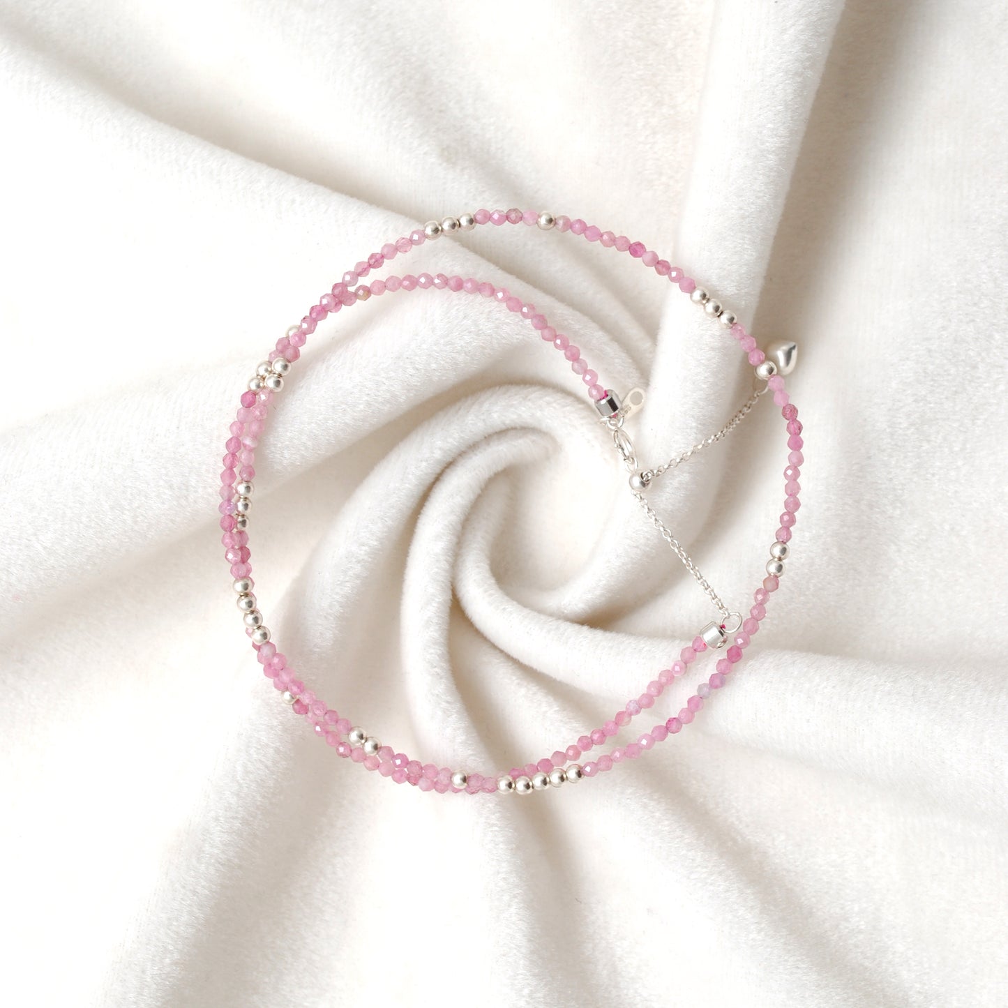 Pink Tourmaline Beaded Charm Necklace - Overhead View Handmade