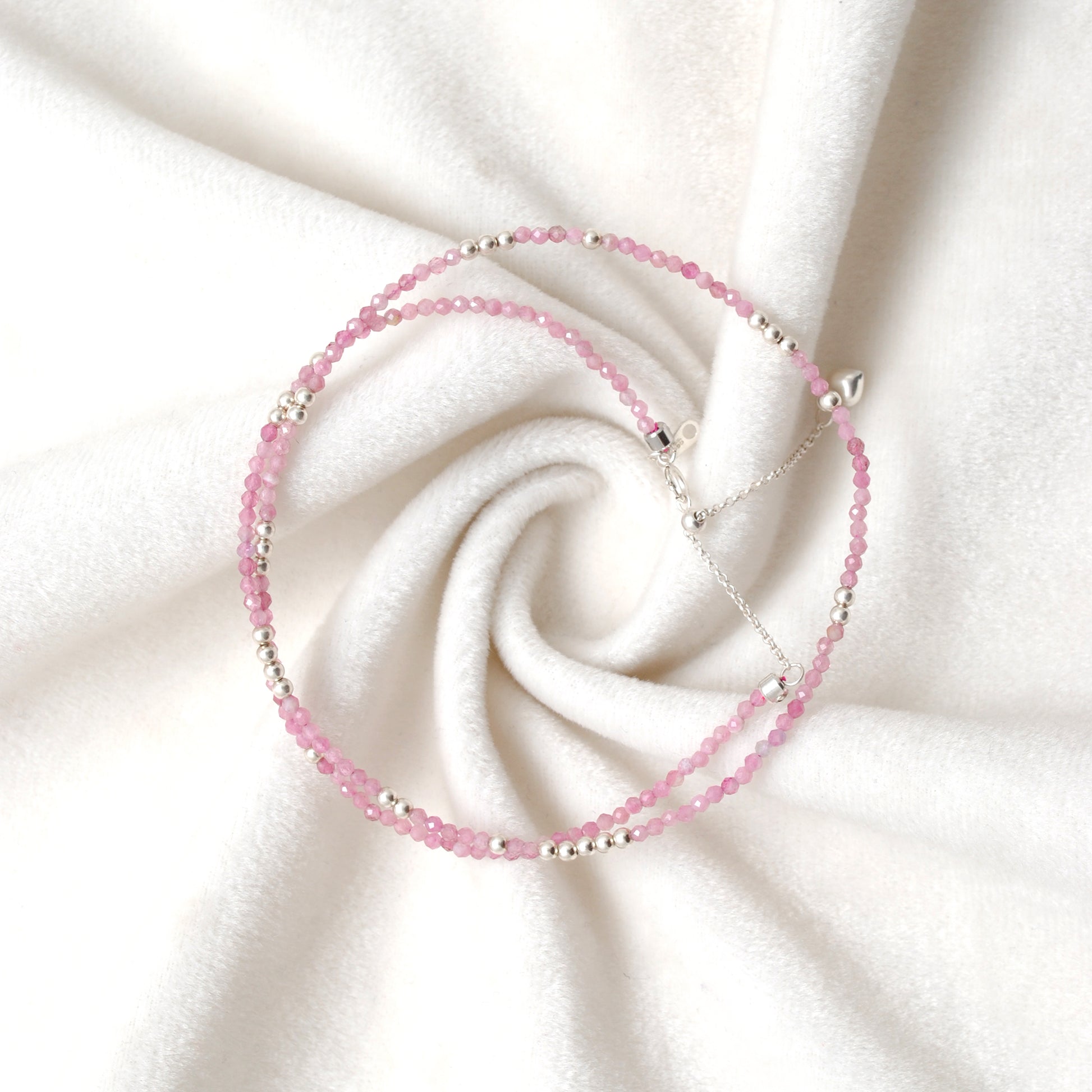 Pink Tourmaline Beaded Charm Necklace - Overhead View Handmade