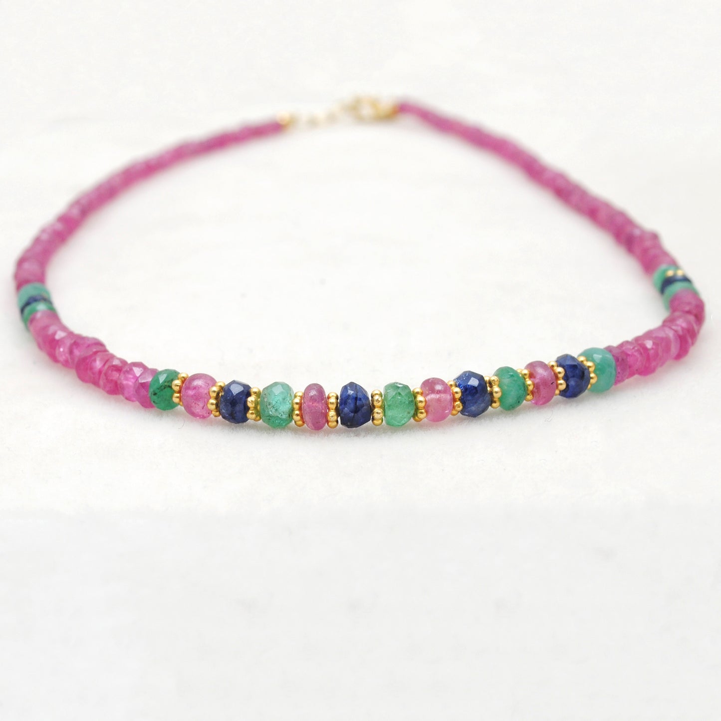 Precious Gemstone Ruby Emerald Sapphire Beaded Necklace - Close-Up Detail