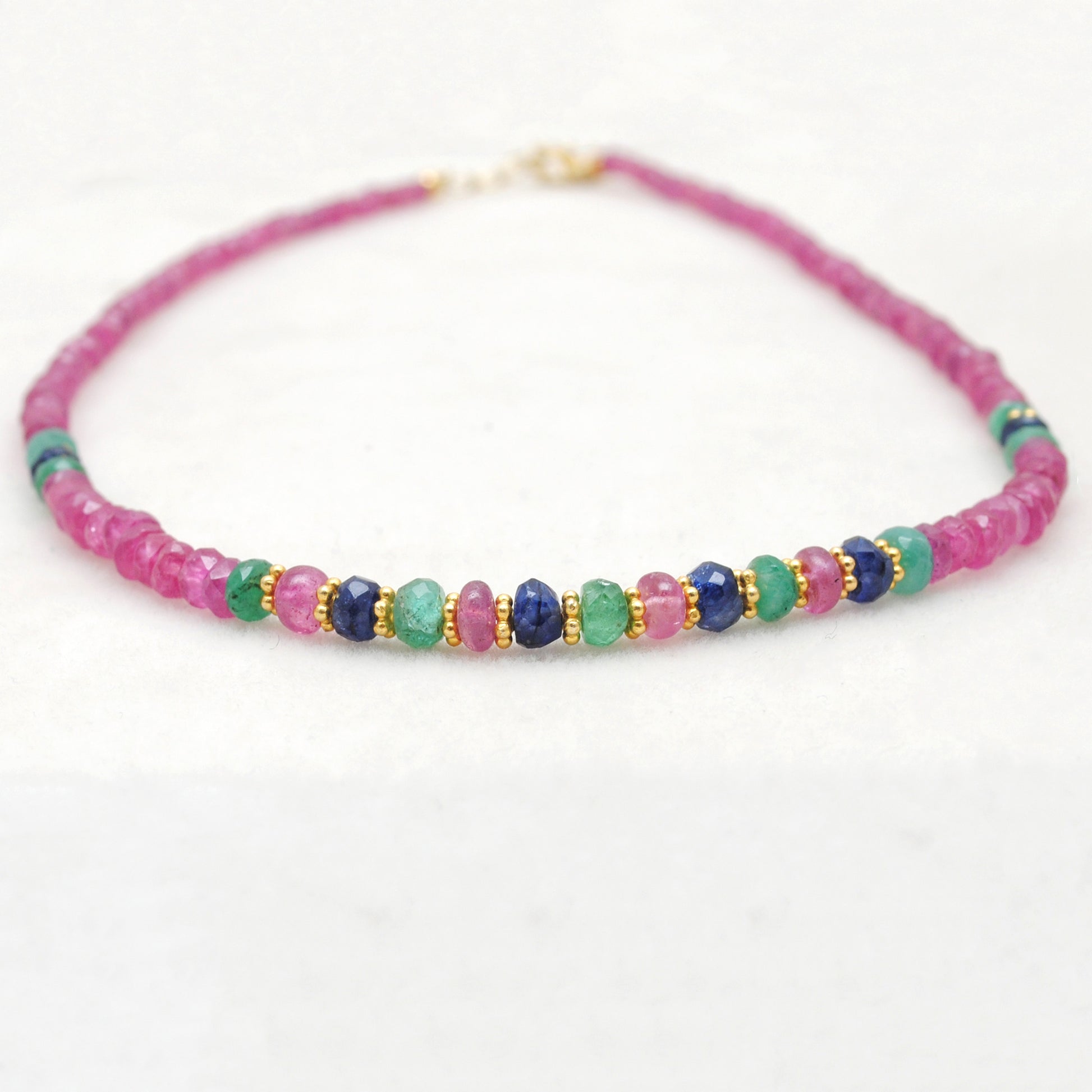 Precious Gemstone Ruby Emerald Sapphire Beaded Necklace - Close-Up Detail