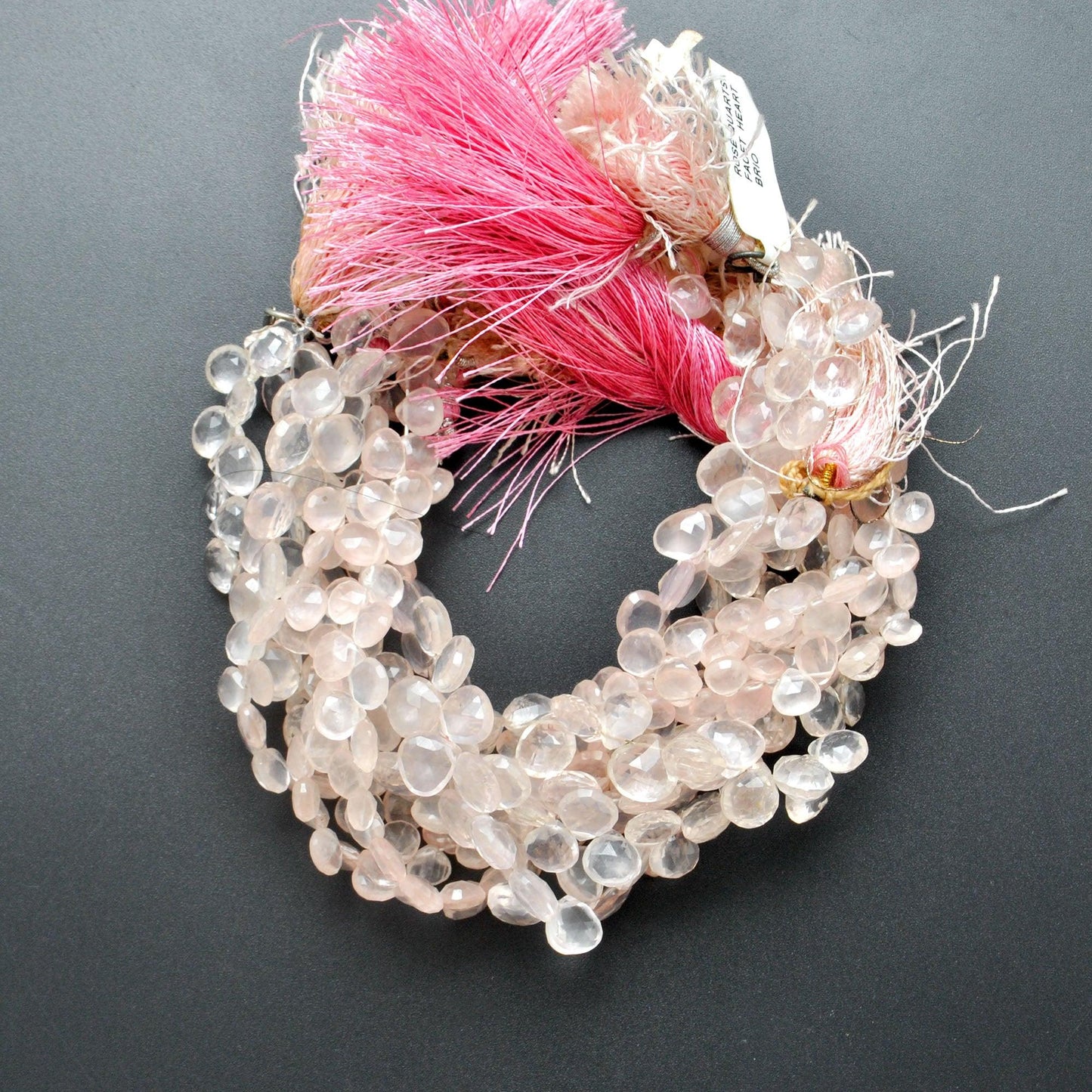 Rose quartz 8mm heart beads close-up romantic soft-pink sparkle
